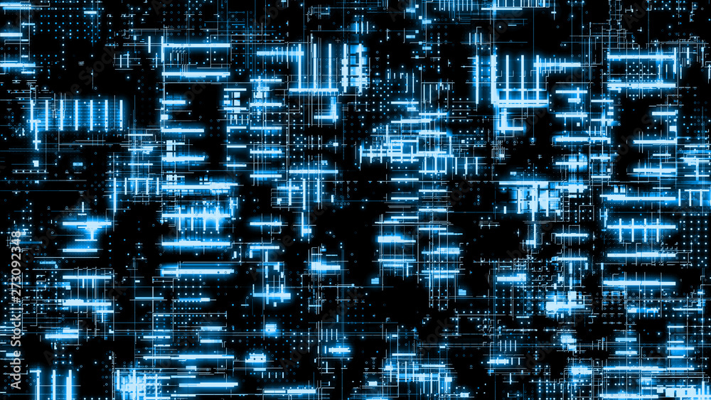 Poster 3D Rendering of abstract digital data concept. Circuit created from glowing colorful dots and lines. For use with deep machine learning, crypto currency, Big data visualization, Data center theme.