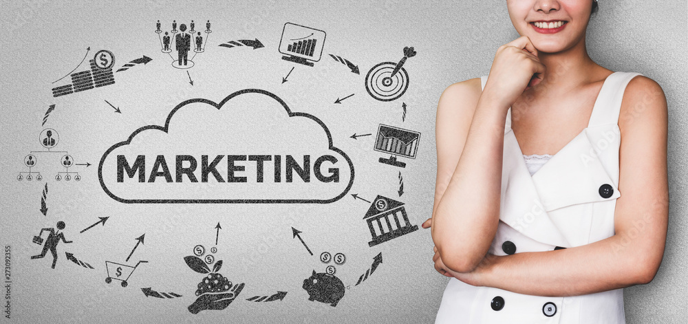 Sticker digital marketing technology solution for online business concept - graphic interface showing analyt