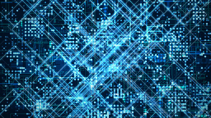 3D Rendering of abstract digital data concept. Circuit created from glowing colorful dots and lines. For use with deep machine learning, crypto currency, Big data visualization, Data center theme.