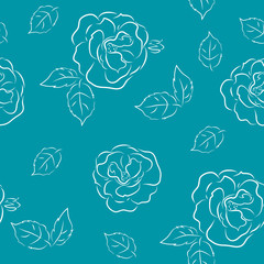 Beautiful seamless pattern of white roses with leaves on turquoise background