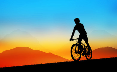 Naklejka na ściany i meble Silhouette group friend and bike relaxing on blurry sunset background.
