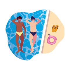 interracial men with swimsuit floating in pool