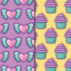 pattern patches of hearts with wings and cupcake