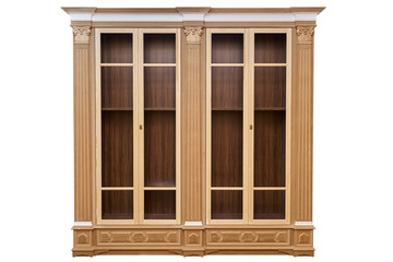 Mdf cabinet carcass with moldings and wooden carved capital on a white background. Work in progress