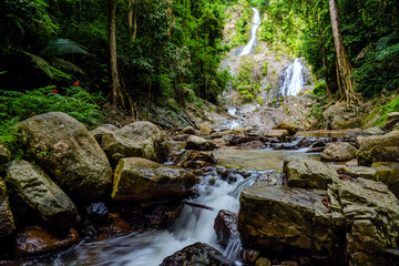 Landscape Waterfall Tropical forest. Panoramic beautiful deep forest waterfall in Thailand.