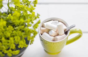 green cup of chocolate with marshmallow and a vase with green wild flowers on a white background	