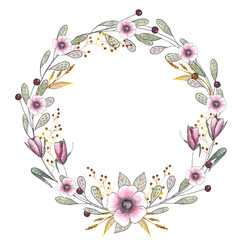 Watercolor handpainted children’s floral wreaths with flowers, leaves,gold branches and twigs