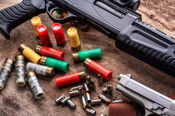 Weapons and military equipment. 9 mm pistol gun bullets and 12 gauge shotgun