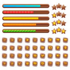 Cartoon wooden game assets, simple kit for game ui development, vector gui elements. Set of different elements for game: progress bar, menu buttons and icons, stars, levels.