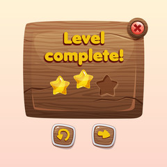 Level complete pop up window. Cartoon wooden asset, kit for game ui development, vector gui elements on wooden background. Different elements for game: rank stars, close, retry and next level buttons.