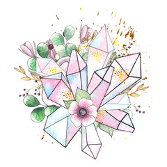 Watercolor handpainted compositions with crystals, flowers bouquets, leaves,gold branches and twigs.