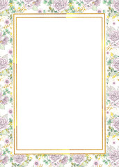 Watercolor handpainted floral gold frames with flowers, leaves,gold branches, twigs