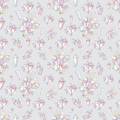 Watercolor handpainted seamless patterns with unicorns, crystals, rainbow, clouds, moon, stars, hearts, flowers, leaves,gold branches and twigs