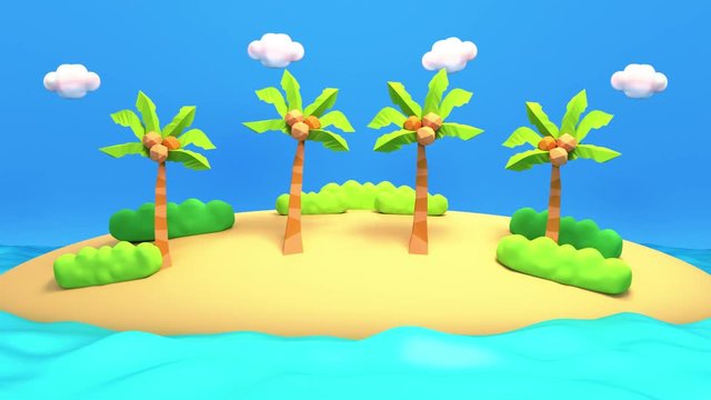 Looped cartoon tropical island with coconut trees animation.