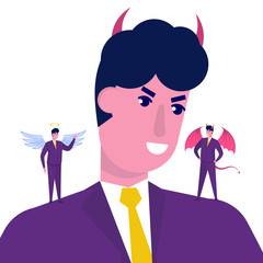 Businessman listening devil and angel. Vector character illustration