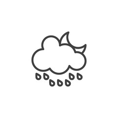 Cloud with raindrops and crescent moon line icon. linear style sign for mobile concept and web design. Rainy cloudy night outline vector icon. Forecast weather symbol logo illustration. Vector graphic