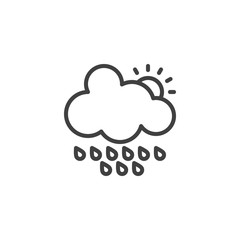 Cloud with raindrops and sun line icon. linear style sign for mobile concept and web design. Rainy cloudy day outline vector icon. Forecast weather symbol, logo illustration. Vector graphics