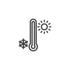 Thermometer with sunny and freezy weather line icon. linear style sign for mobile concept and web design. Weather temperature thermometer outline vector icon. Symbol logo illustration. Vector graphics