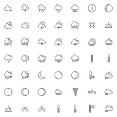 Weather line icons set. Forecast linear style symbols collection, outline signs pack. vector graphics. Set includes icons as temperature thermometer, rain clouds, sun, thunderstorm, foggy night, storm