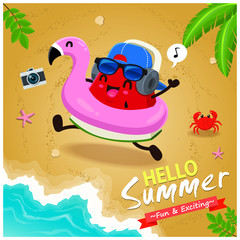 Vintage summer poster design with vector watermelon, sunglasses characters.