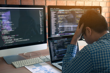 Software developers headache with code analysis in the office.