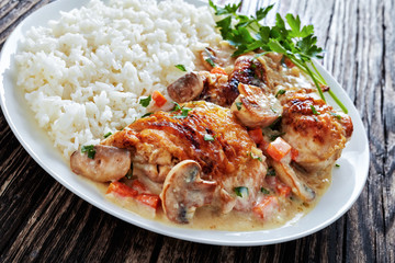 chicken fricassee served with rice, top view