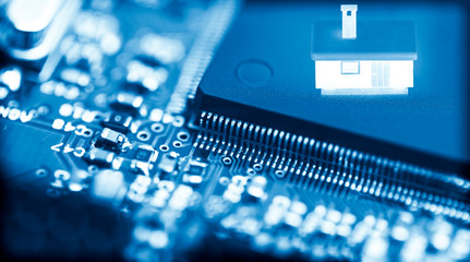 Abstract background of close-up details of electronic cpu chip with colourful  industry icon, concept of modern technology for better life, city and environment conservation.