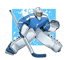 Vector illustration of a hockey goalkeeper. Bright and colorful sport themed poster. Winter sports, ice sports, hockey player, team game.