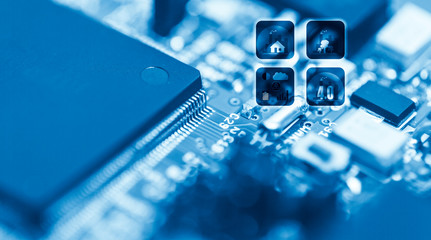 Abstract background of close-up details of electronic cpu chip with colourful  industry icon, concept of modern technology for better life, city and environment conservation.
