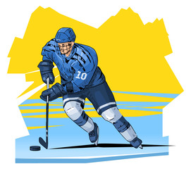 Vector illustration of a hockey player skating. Beautiful sport themed poster. Winter sports, ice sports, hockey player isolated on abstract background.