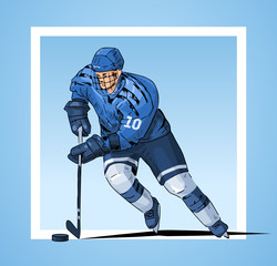 Obraz premium Vector illustration of a hockey player skating. Beautiful sport themed poster. Winter sports, ice sports, hockey player isolated on abstract background.