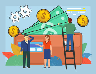 Finance, business growth. People stand near big wallet with money and credit card. Poster for social media, banner, web page, presentation. Flat design vector illustration