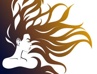 Girl with flying hair, fire. Fashion. Beautiful wavy hair, vector.