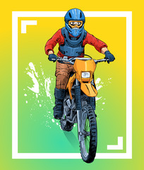 Vector illustration of a motorcyclist riding a dirt bike. Beautiful sport themed poster. Extreme sports, summer sports, motocross, abstract background