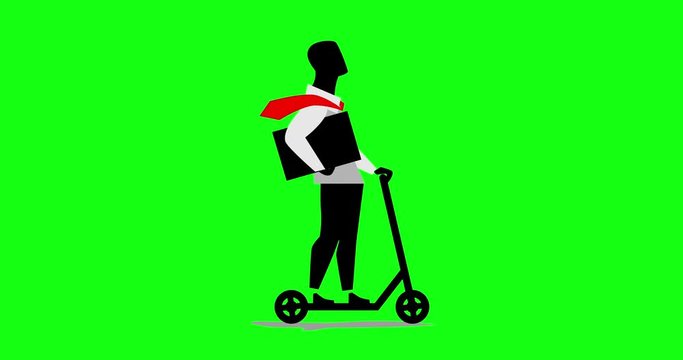 Businessman driving scooter. 2d, animation, cartoon, illustration, sketch, clip art, vector. Green screen. Alpha channel. Time lapse.