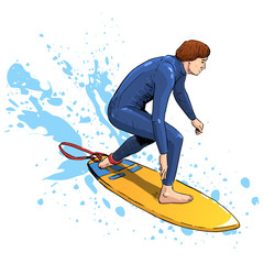 Vector illustration of a surfer riding the wave. Beautiful sport themed poster. Summer sports, vacation, joy, extreme sports, water sports.