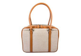 Business handbag isolated on white background. Brown leather with fabric document handbag isolated