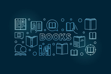 Books vector horizontal outline blue illustration. Reading and Education concept linear banner on dark background