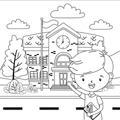 School building and boy cartoon design