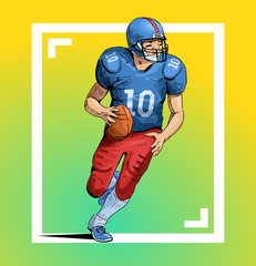 Fototapeta premium Vector illustration of a rugby player running with the ball. Beautiful sport themed poster. Team game, summer sports. American football player isolated on abstract background