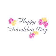 happy friendship day text with pink and yellow flowers. handwritten calligraphic inscription. calligraphic greeting phrase. vector illustration. cursive lettering