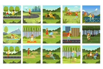 Summer Outdoor Activities Set, People Relaxing, Walking, Riding Bicycle, Doing Sports In Summer Urban Park Vector Illustration