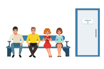 People Waiting in Line in Clinic Corridor, Queue of Four People Sitting on Bench Vector Illustration