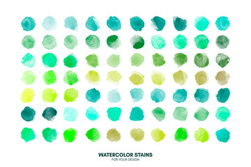 Set of colorful watercolor hand painted round shapes, stains, circles, blobs isolated on white. Elements for artistic design