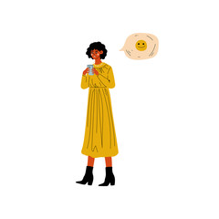 Brunette Girl Chatting Online Using Smartphone with Chat Communication Bubble, Internet Social Network Virtual Communication Vector Illustration