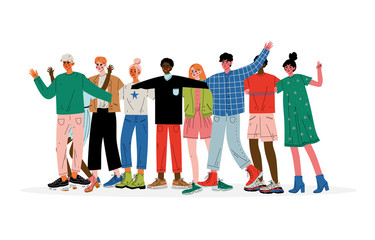 Group of People Hugging, Male and Female Friends of Different Nationalities Standing Together Celebrating Event Vector Illustration