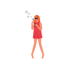 Young Woman in Red Short Dress and Sunglasses Blowing Soap Bubbles Vector Illustration