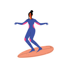 Girl Surfer in Wetsuit Riding Surfboard Catching Wave, Young Woman Enjoying Summer Vacation Vector Illustration