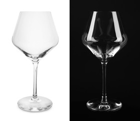 Empty glasses on white and black background