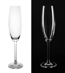 Empty glasses on white and black background